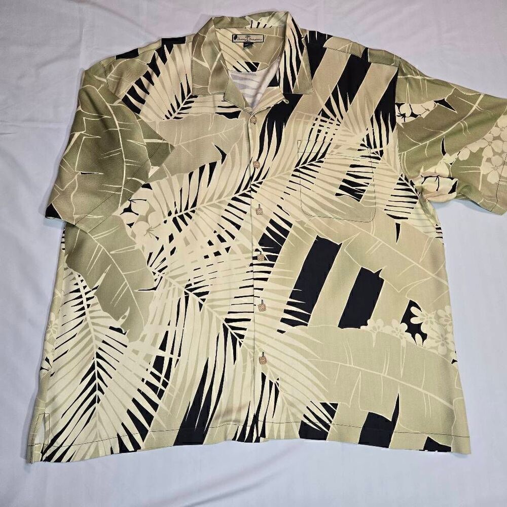 TOMMY BAHAMA HAWAIIAN SHIRT SS BLACK CREAM PALM FLORAL STRIPE SILK MENS SIZE XXL